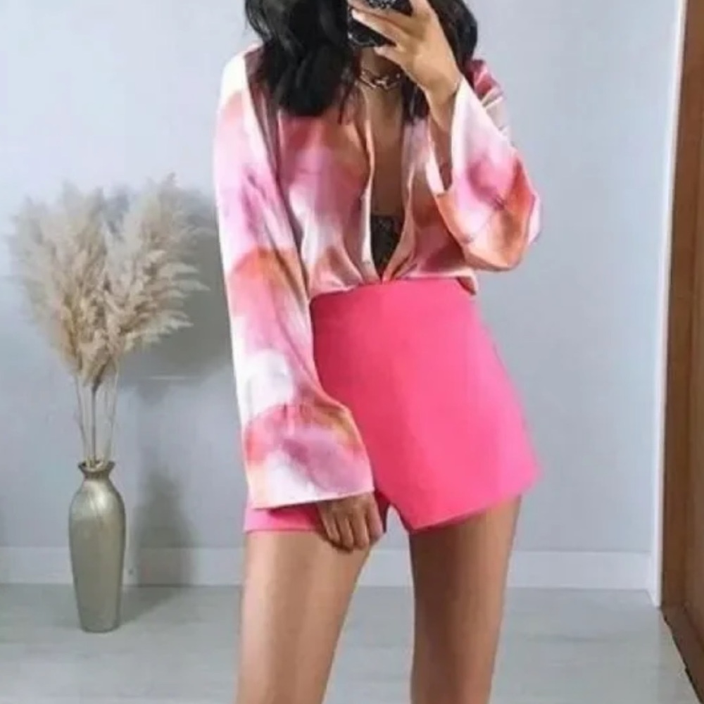 Zara Hot Barbie Pink Faux Wrap Front High Waisted Structured Skort